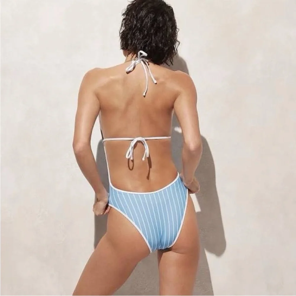 J CREW ONE PIECE KEYHOLE STRIPE HALTER SWIMSUIT NWT Size 16 - Picture 2 of 13